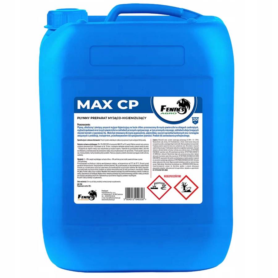 Feniks Agro MAX CP 20L Płyn myjący z chlorem do przemysłu spożywczego profesjonalny 5L