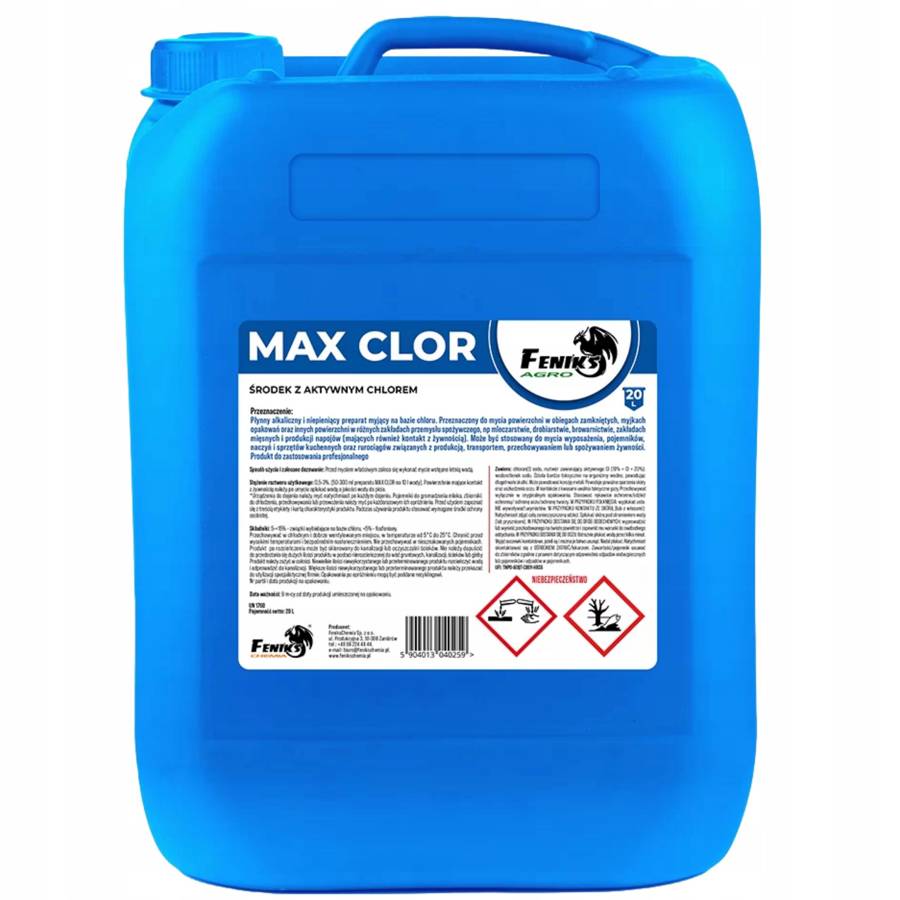 Feniks Agro Max Clor 20L Profesjonalny płyn z chlorem do gastronomii Max Clor -20l