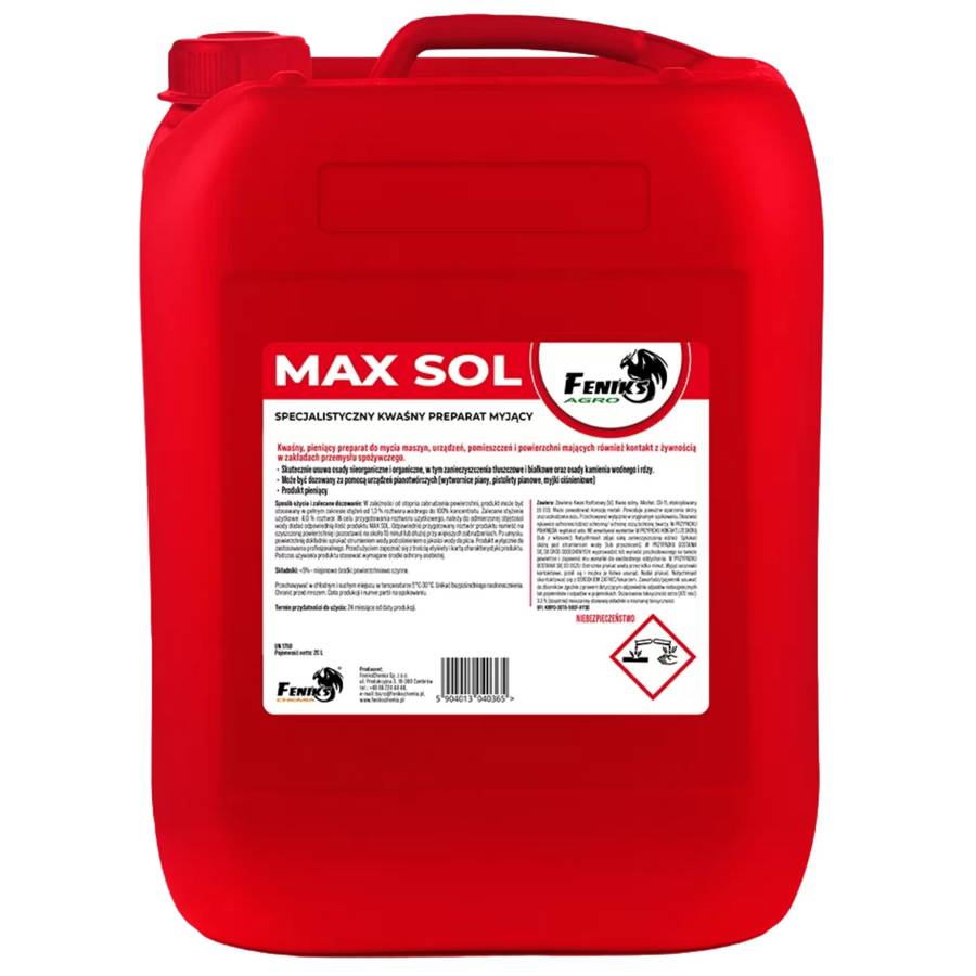 Feniks Agro Max SOL 5L Kwaśny płyn myjący do przemysłu spożywczego Max SOL - 5l