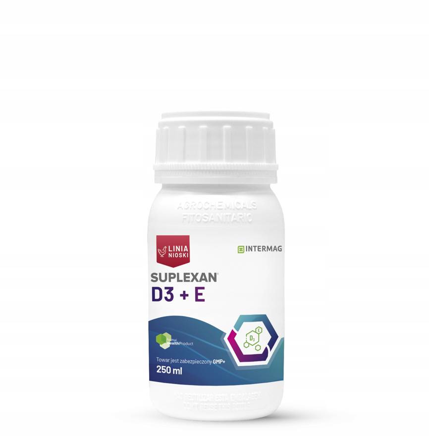 Suplexan D3+E 250ml. Mieszanka paszowa dietetyczna podaje się z wodą pitną.
