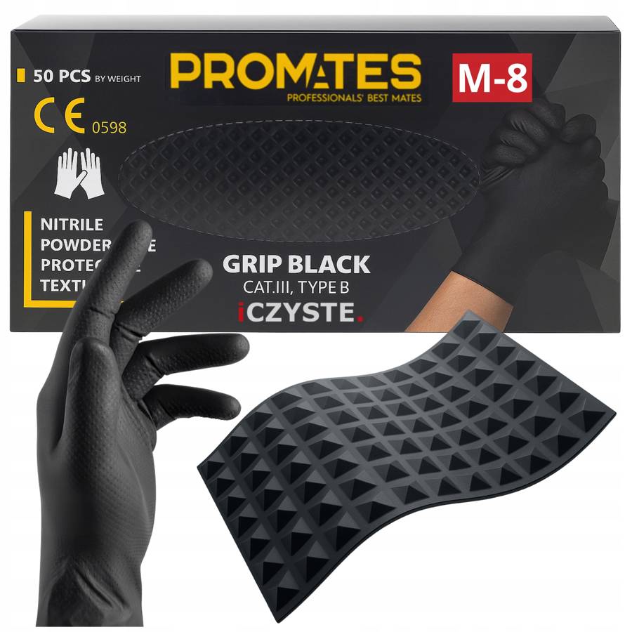 Rękawiczki Nitrylowe M BLACK Czarne MOCNE GRIP 3D Diamond Bez Pudrowe ProMates 8