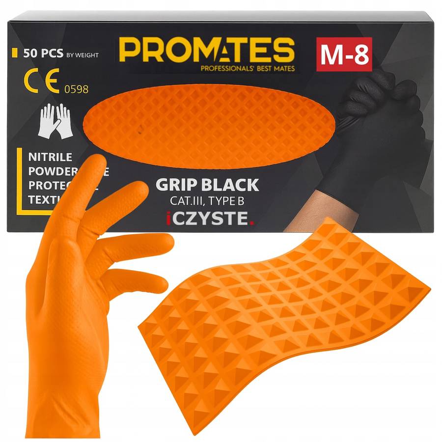 Rękawiczki Nitrylowe M ORANGE Pomarańczowe MOCNE GRIP Diamond Bez Pudrowe ProMates