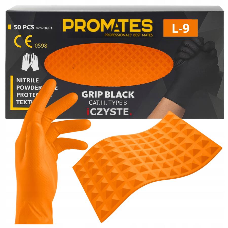 Rękawiczki Nitrylowe L ORANGE Pomarańczowe MOCNE GRIP Diamond Bez Pudrowe ProMates