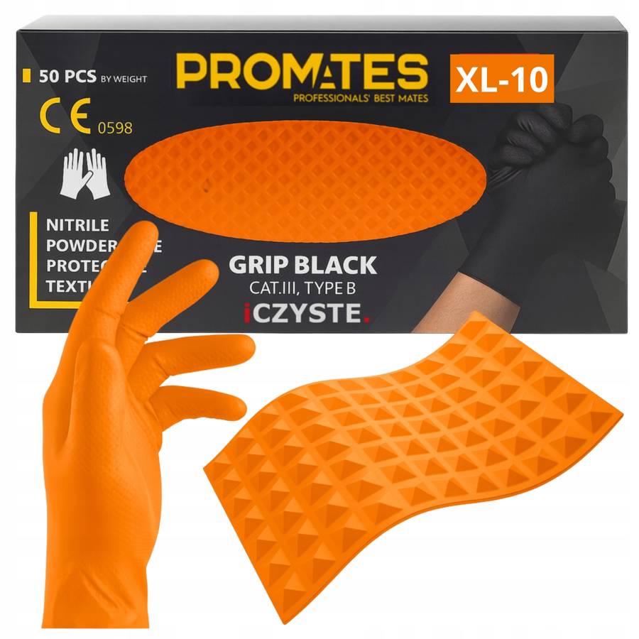 Rękawiczki Nitrylowe XL ORANGE Pomarańczowe MOCNE GRIP 3D Bez Pudrowe ProMates 10